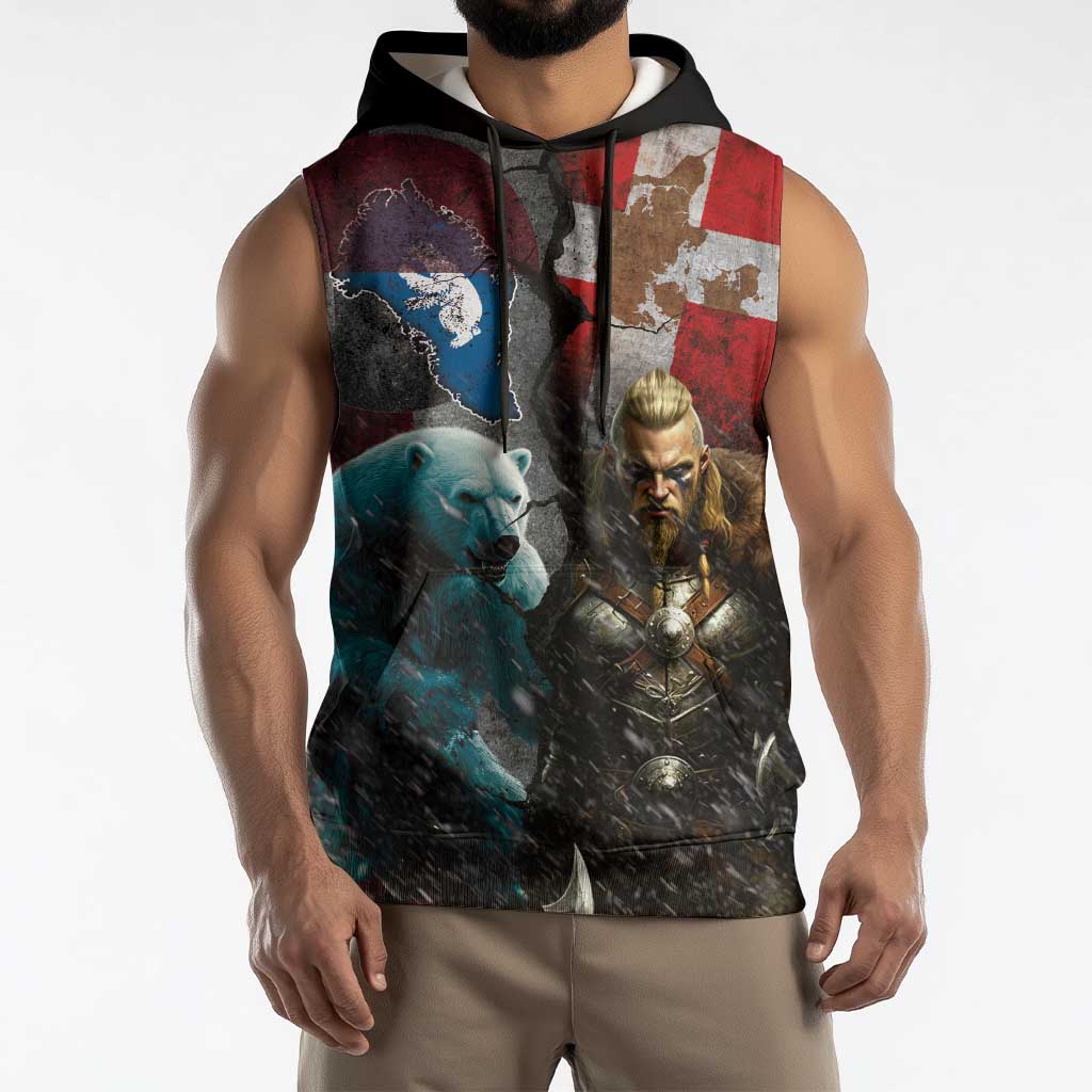 Greenlandic and Danish Together Sleeveless Hoodie Polar Warrior Vikings with National Flag Grunge Style - Wonder Print Shop