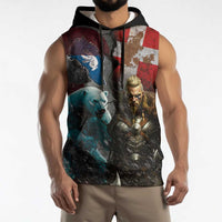 Greenlandic and Danish Together Sleeveless Hoodie Polar Warrior Vikings with National Flag Grunge Style - Wonder Print Shop