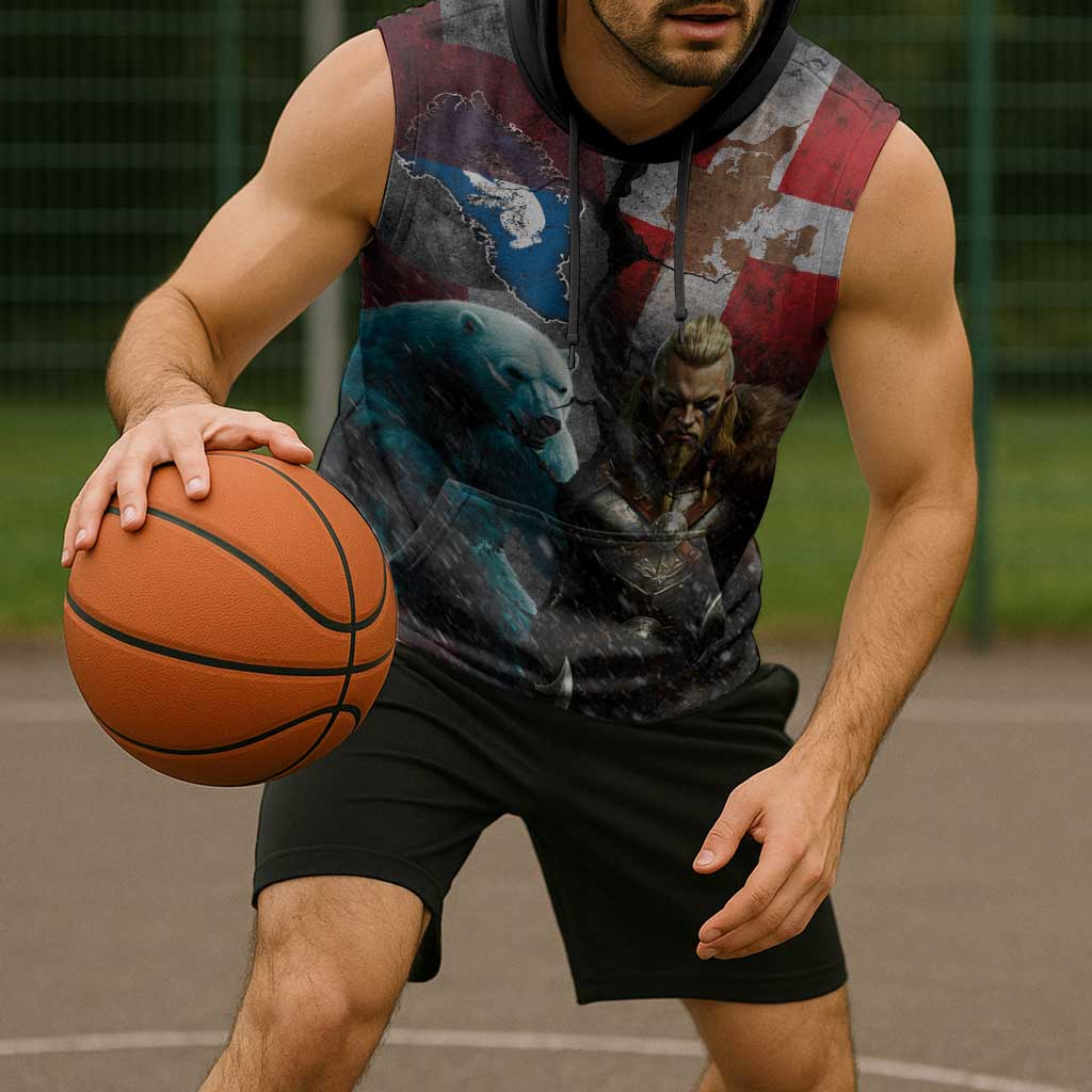 Greenlandic and Danish Together Sleeveless Hoodie Polar Warrior Vikings with National Flag Grunge Style - Wonder Print Shop