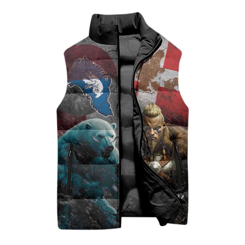 Greenlandic and Danish Together Sleeveless Puffer Jacket Polar Warrior Vikings with National Flag Grunge Style - Wonder Print Shop