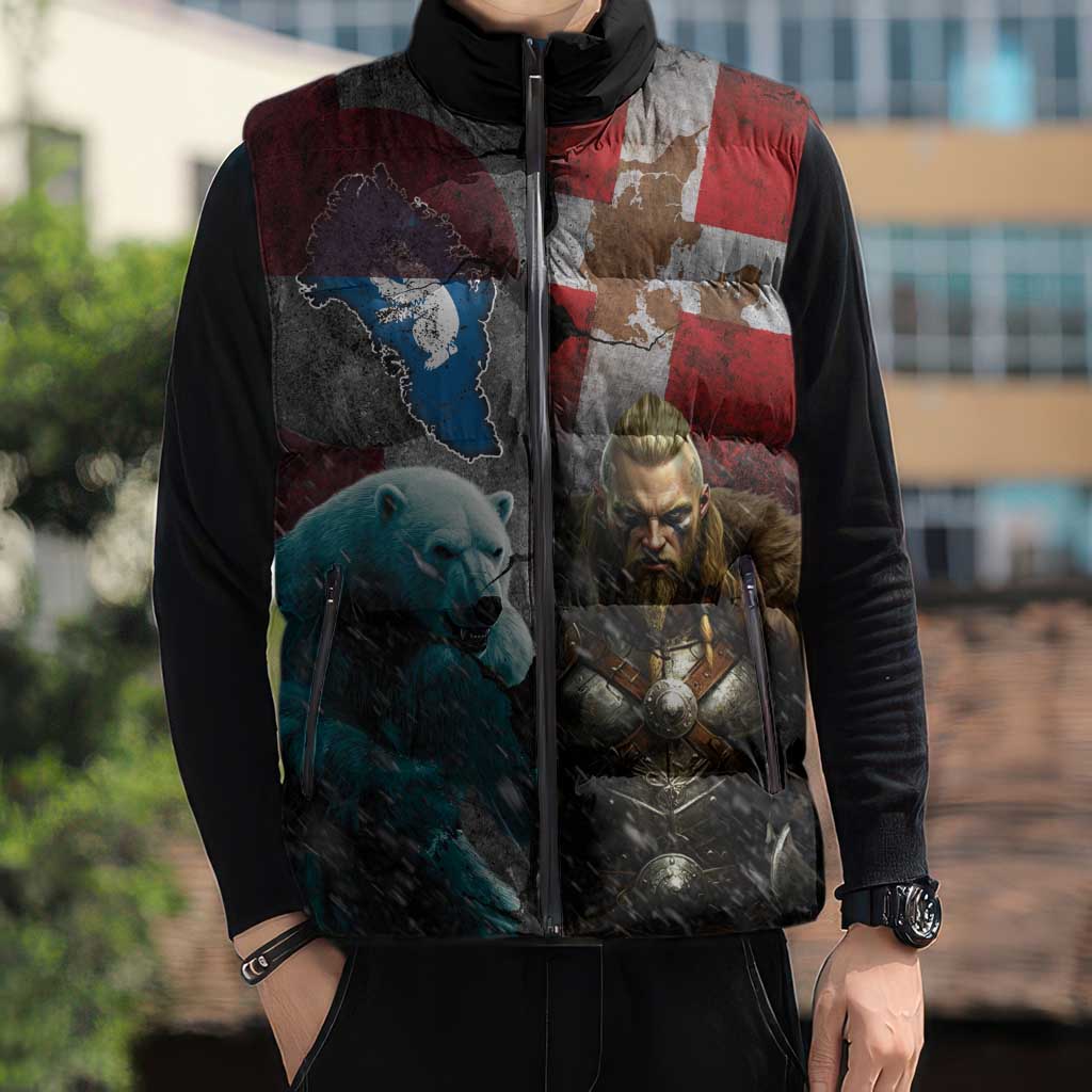Greenlandic and Danish Together Sleeveless Puffer Jacket Polar Warrior Vikings with National Flag Grunge Style - Wonder Print Shop