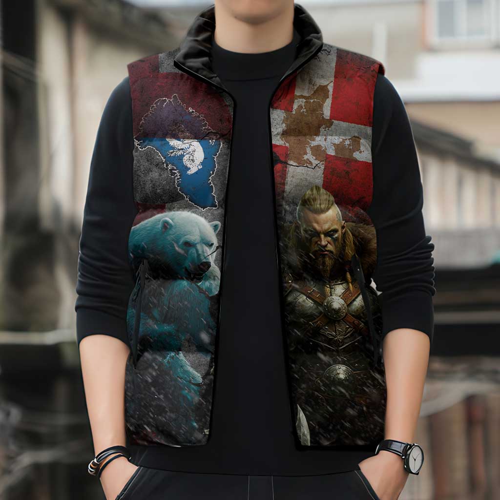 Greenlandic and Danish Together Sleeveless Puffer Jacket Polar Warrior Vikings with National Flag Grunge Style - Wonder Print Shop