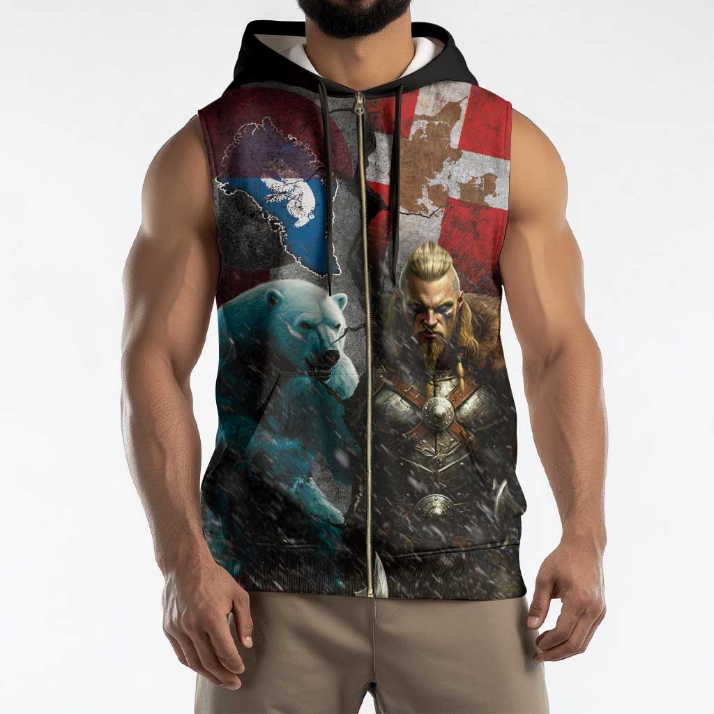 Greenlandic and Danish Together Sleeveless Zip Hoodie Polar Warrior Vikings with National Flag Grunge Style - Wonder Print Shop