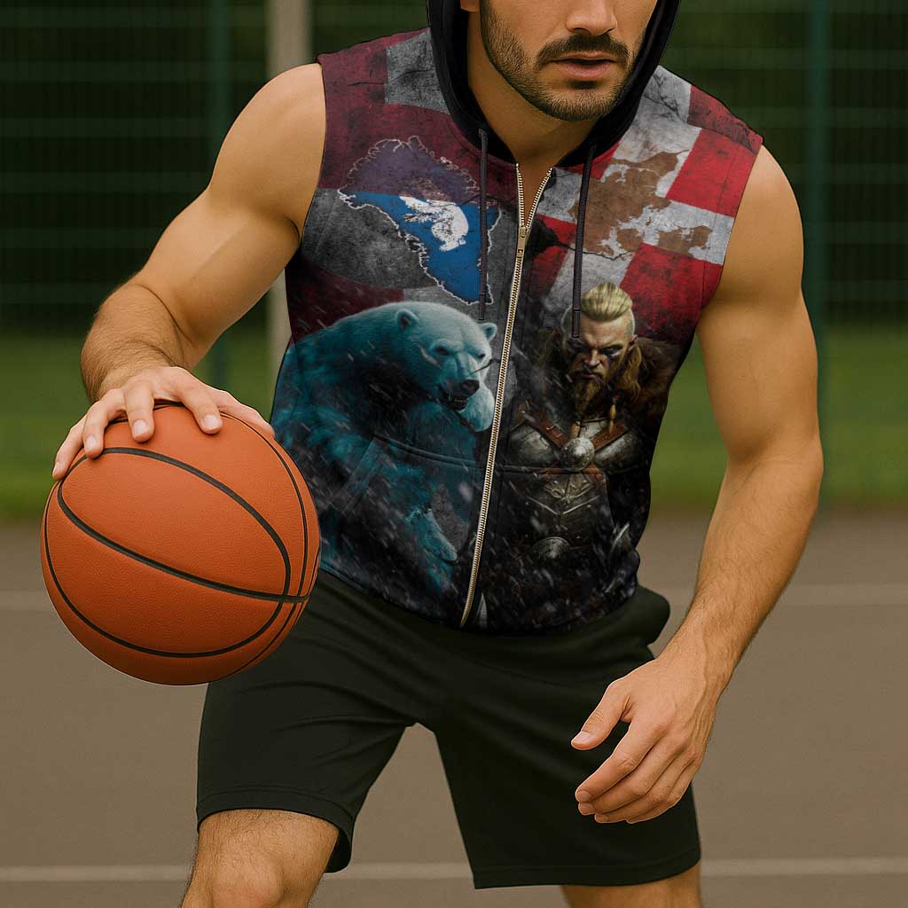 Greenlandic and Danish Together Sleeveless Zip Hoodie Polar Warrior Vikings with National Flag Grunge Style - Wonder Print Shop