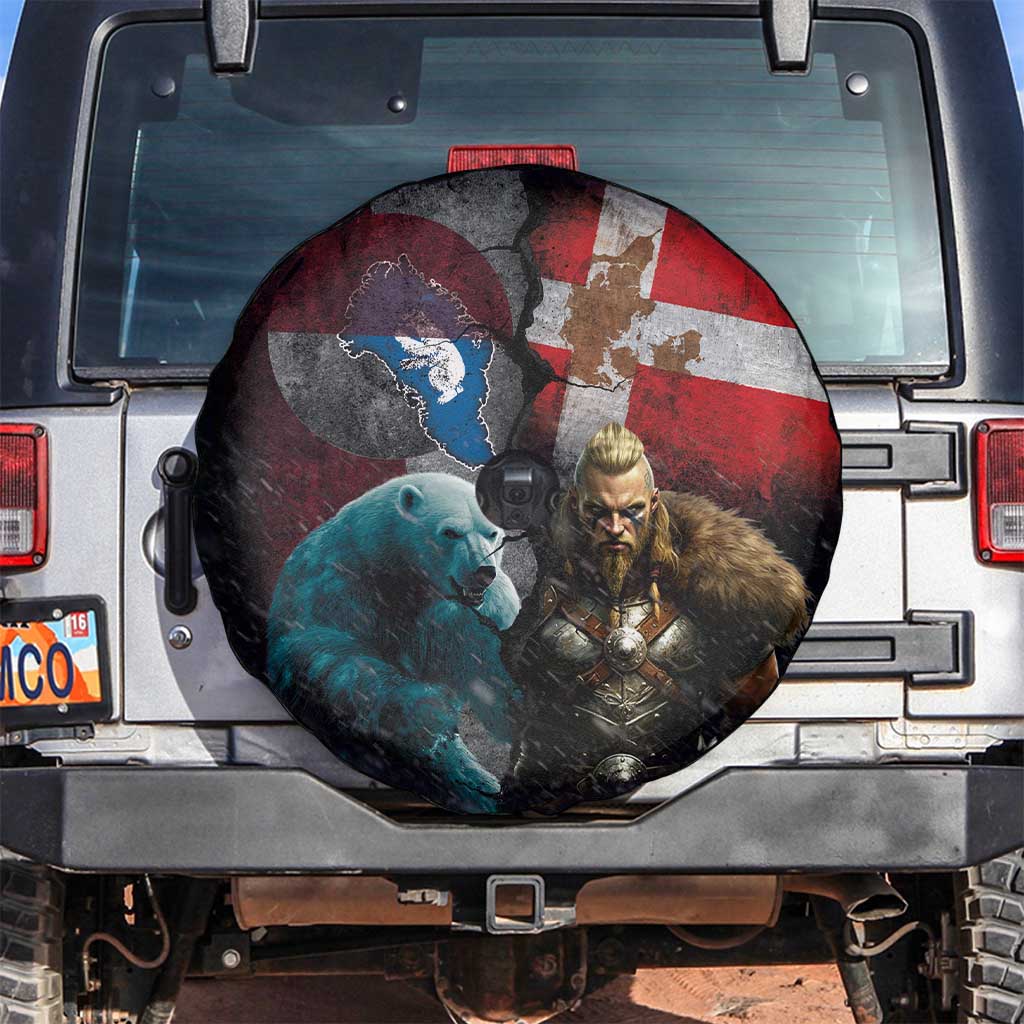 Greenlandic and Danish Together Spare Tire Cover Polar Warrior Vikings with National Flag Grunge Style - Wonder Print Shop
