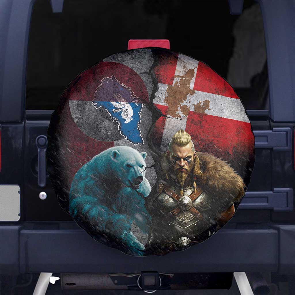 Greenlandic and Danish Together Spare Tire Cover Polar Warrior Vikings with National Flag Grunge Style - Wonder Print Shop