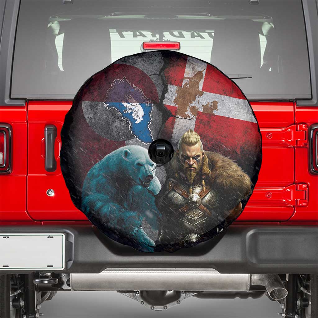 Greenlandic and Danish Together Spare Tire Cover Polar Warrior Vikings with National Flag Grunge Style - Wonder Print Shop