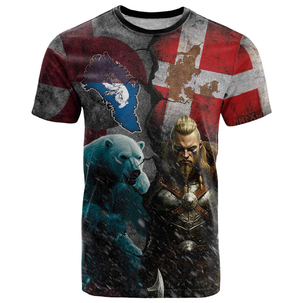 Greenlandic and Danish Together T Shirt Polar Warrior Vikings with National Flag Grunge Style - Wonder Print Shop
