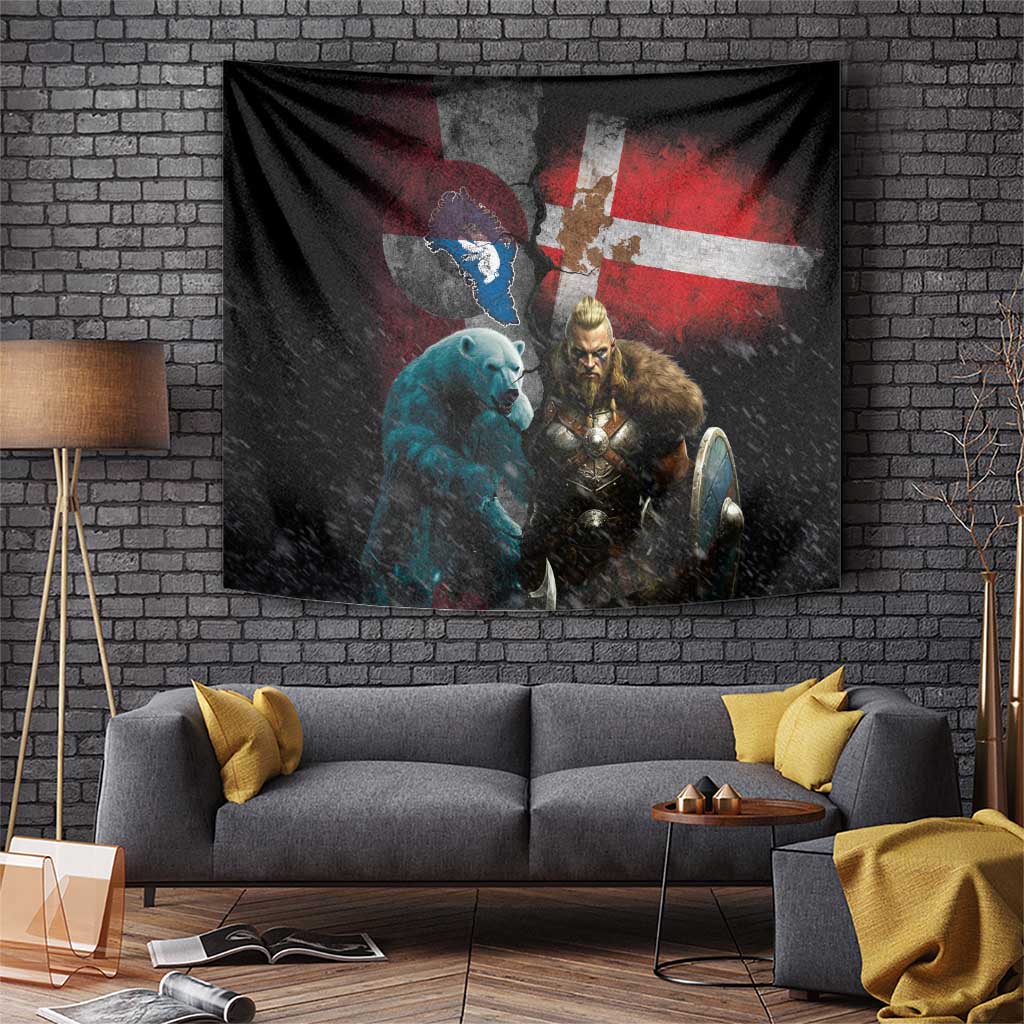 Greenlandic and Danish Together Tapestry Polar Warrior Vikings with National Flag Grunge Style - Wonder Print Shop