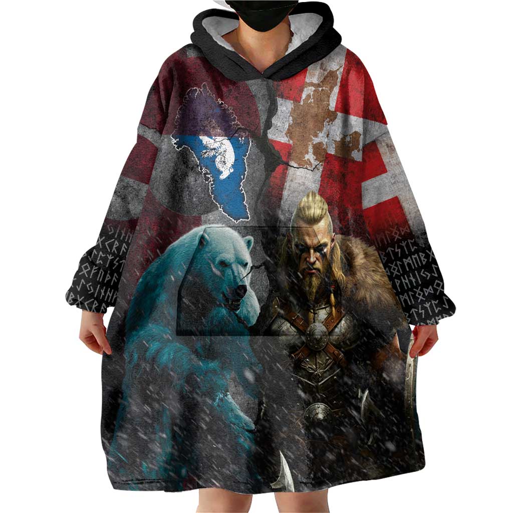 Greenlandic and Danish Together Wearable Blanket Hoodie Polar Warrior Vikings with National Flag Grunge Style - Wonder Print Shop