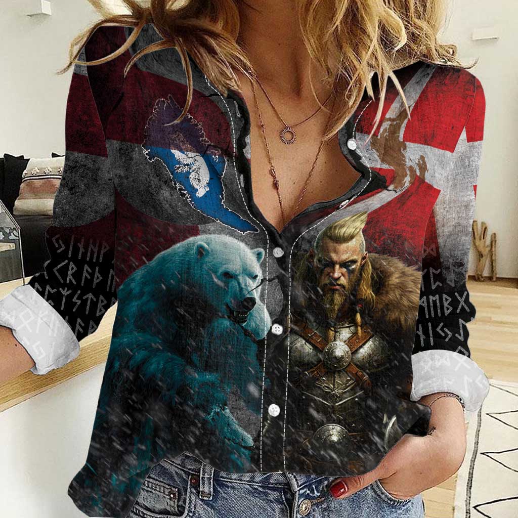 Greenlandic and Danish Together Women Casual Shirt Polar Warrior Vikings with National Flag Grunge Style - Wonder Print Shop