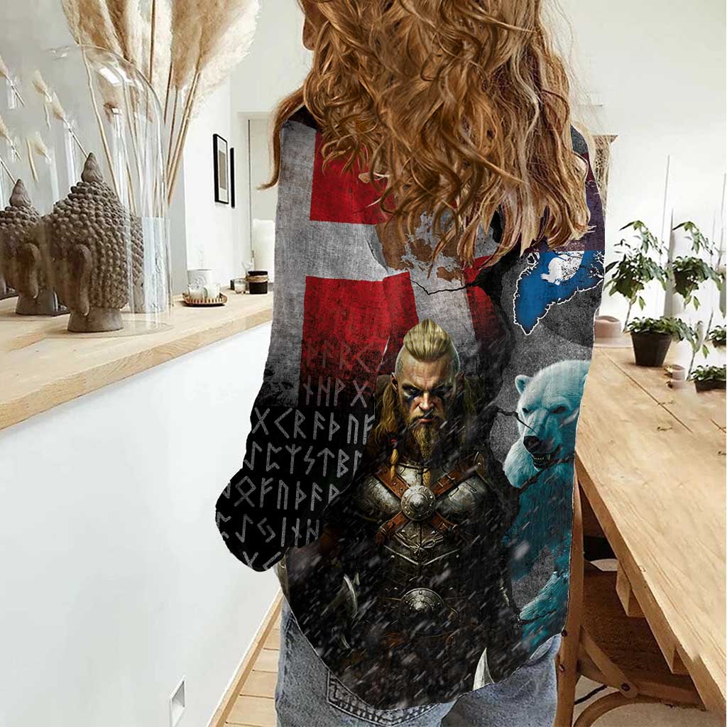 Greenlandic and Danish Together Women Casual Shirt Polar Warrior Vikings with National Flag Grunge Style - Wonder Print Shop