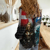 Greenlandic and Danish Together Women Casual Shirt Polar Warrior Vikings with National Flag Grunge Style - Wonder Print Shop