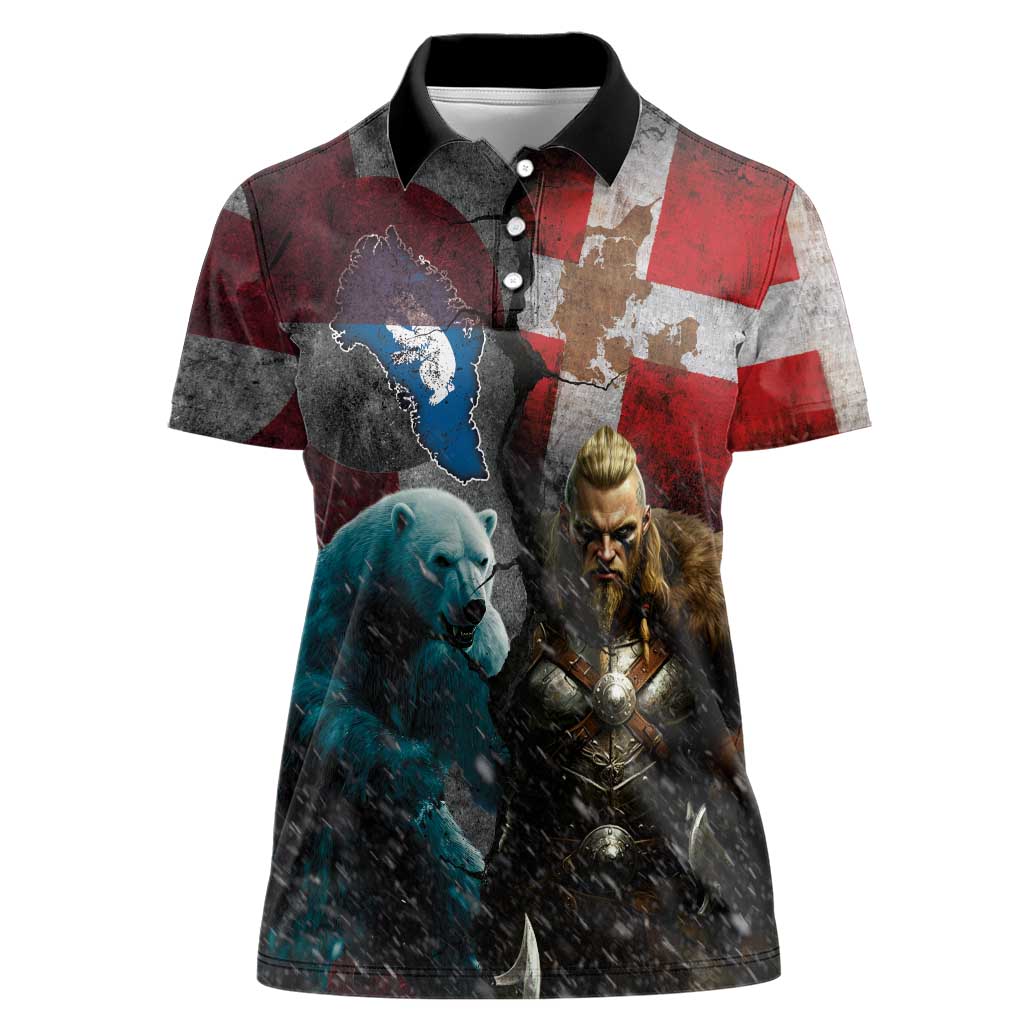Greenlandic and Danish Together Women Polo Shirt Polar Warrior Vikings with National Flag Grunge Style - Wonder Print Shop