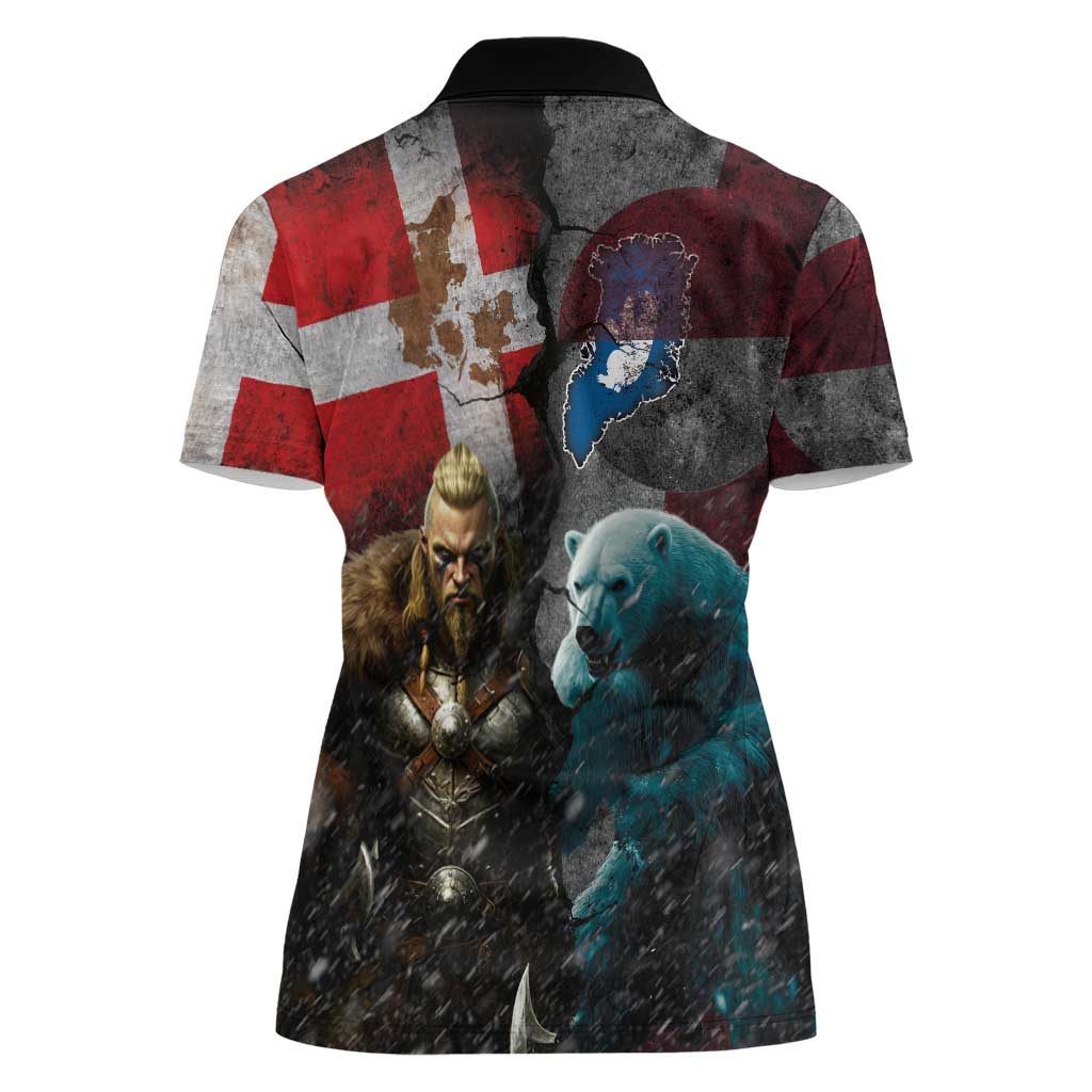 Greenlandic and Danish Together Women Polo Shirt Polar Warrior Vikings with National Flag Grunge Style - Wonder Print Shop