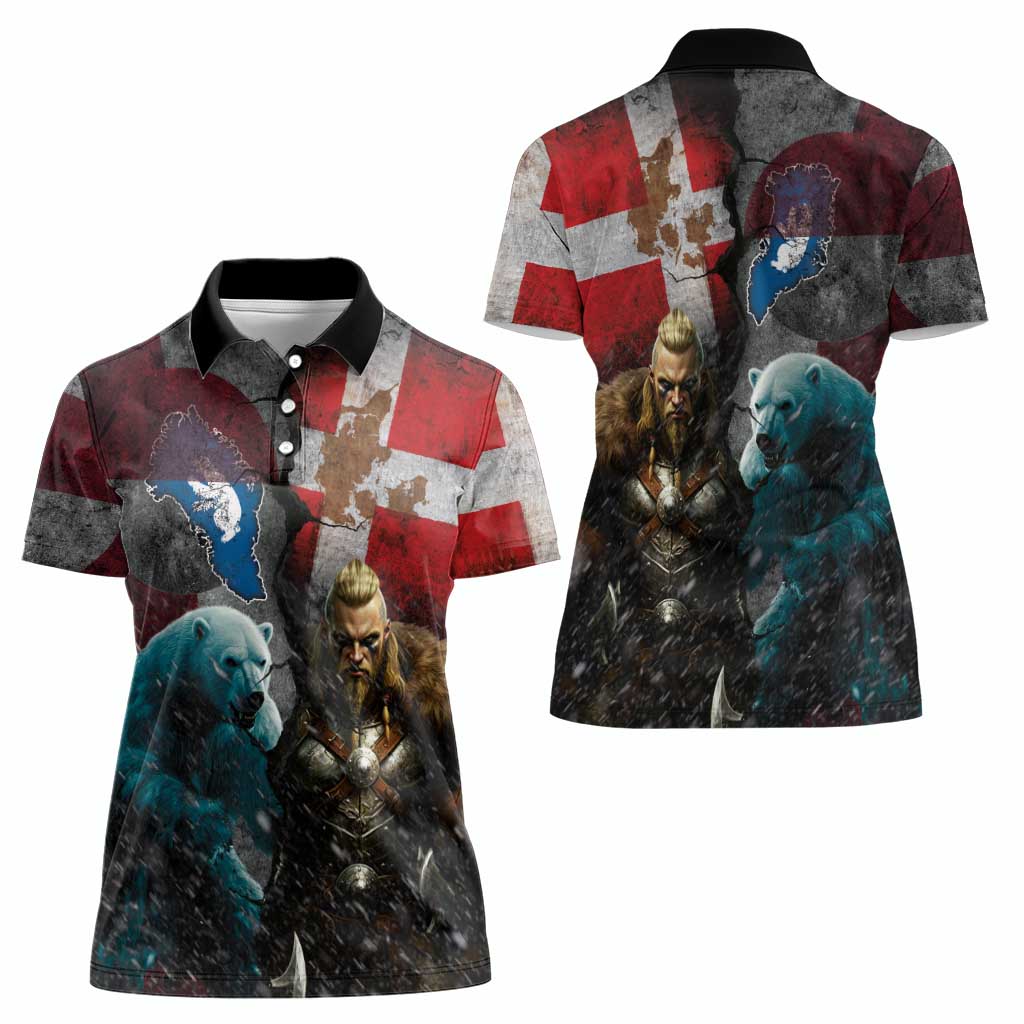Greenlandic and Danish Together Women Polo Shirt Polar Warrior Vikings with National Flag Grunge Style - Wonder Print Shop