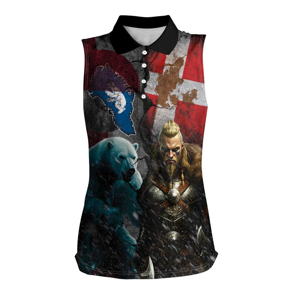 Greenlandic and Danish Together Women Sleeveless Polo Shirt Polar Warrior Vikings with National Flag Grunge Style - Wonder Print Shop