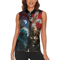 Greenlandic and Danish Together Women Sleeveless Polo Shirt Polar Warrior Vikings with National Flag Grunge Style - Wonder Print Shop