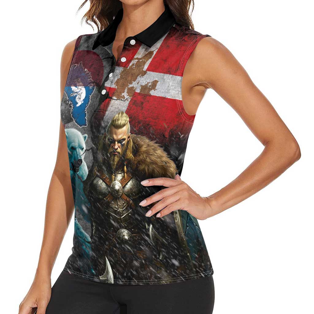 Greenlandic and Danish Together Women Sleeveless Polo Shirt Polar Warrior Vikings with National Flag Grunge Style - Wonder Print Shop