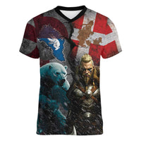 Greenlandic and Danish Together Women V-Neck T-Shirt Polar Warrior Vikings with National Flag Grunge Style - Wonder Print Shop