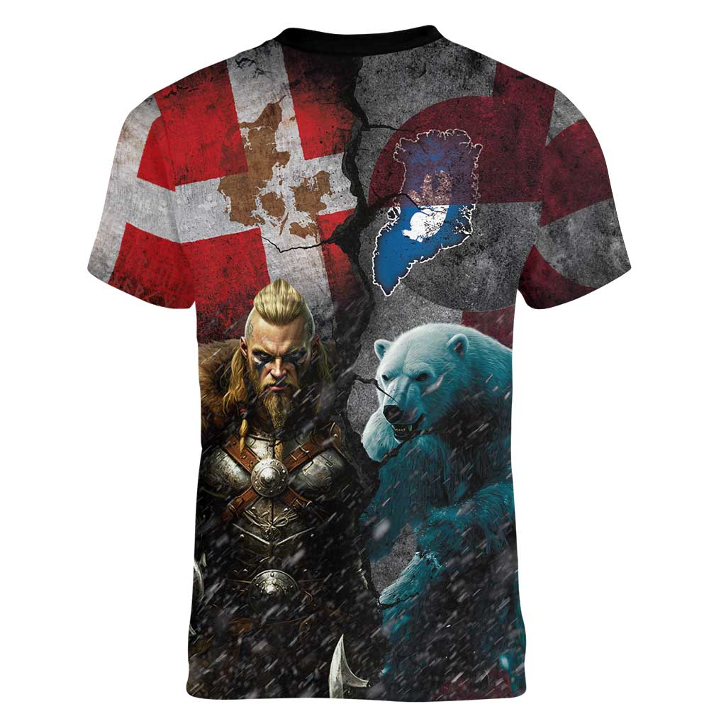 Greenlandic and Danish Together Women V-Neck T-Shirt Polar Warrior Vikings with National Flag Grunge Style - Wonder Print Shop