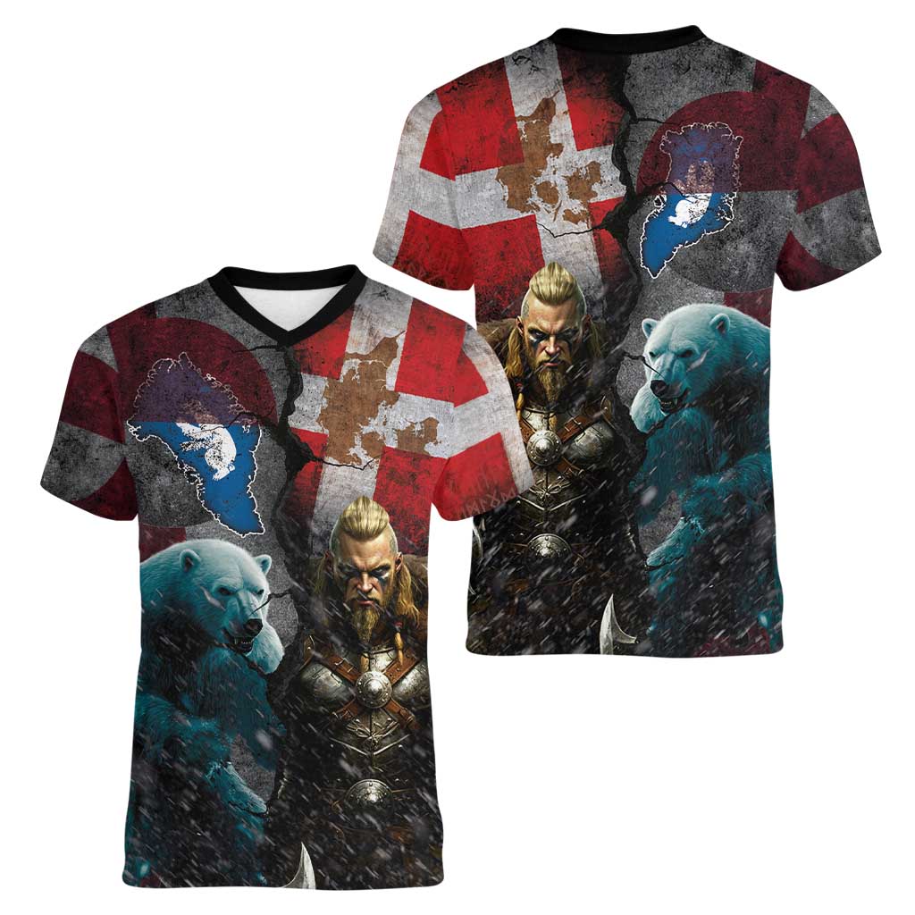 Greenlandic and Danish Together Women V-Neck T-Shirt Polar Warrior Vikings with National Flag Grunge Style - Wonder Print Shop