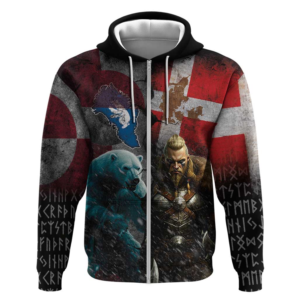 Greenlandic and Danish Together Zip Hoodie Polar Warrior Vikings with National Flag Grunge Style - Wonder Print Shop