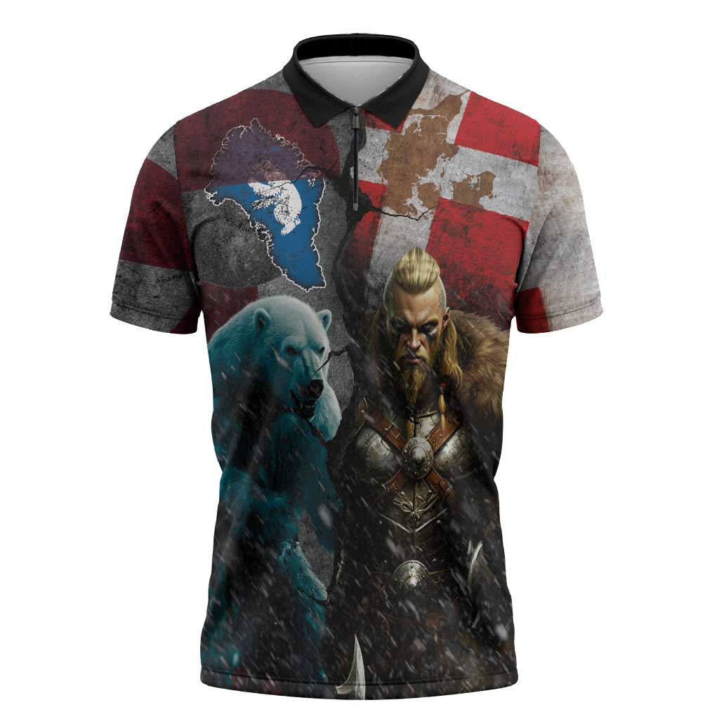 Greenlandic and Danish Together Zipper Polo Shirt Polar Warrior Vikings with National Flag Grunge Style - Wonder Print Shop