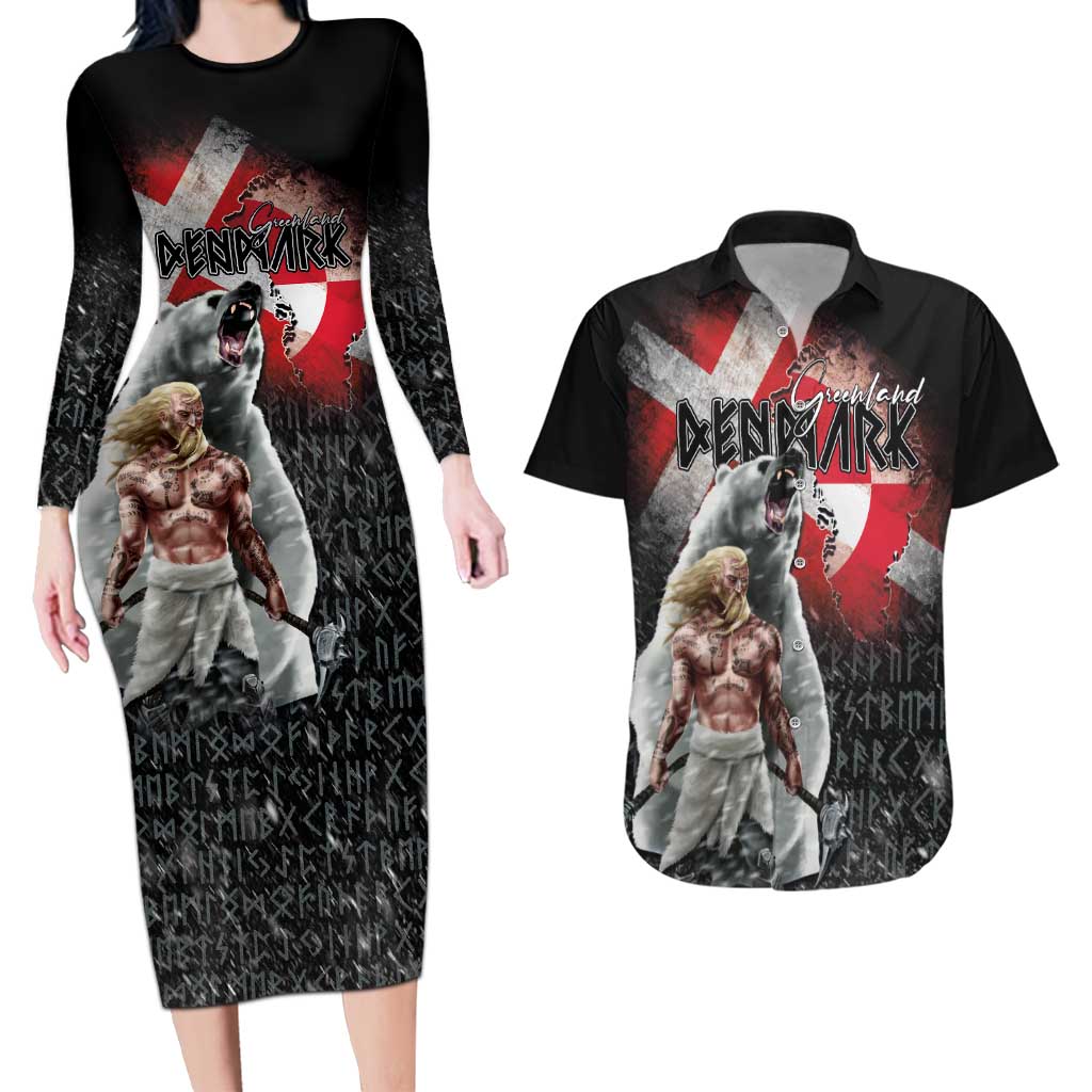 Greenlandic and Danish Together Couples Matching Long Sleeve Bodycon Dress and Hawaiian Shirt Viking Warrior with Polar Bear Roar - Wonder Print Shop