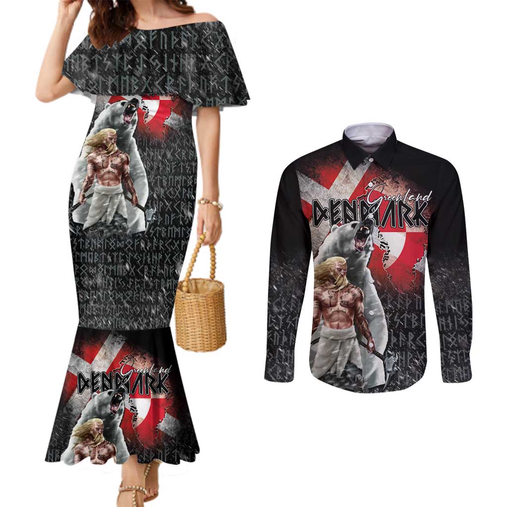 Greenlandic and Danish Together Couples Matching Mermaid Dress and Long Sleeve Button Shirt Viking Warrior with Polar Bear Roar - Wonder Print Shop