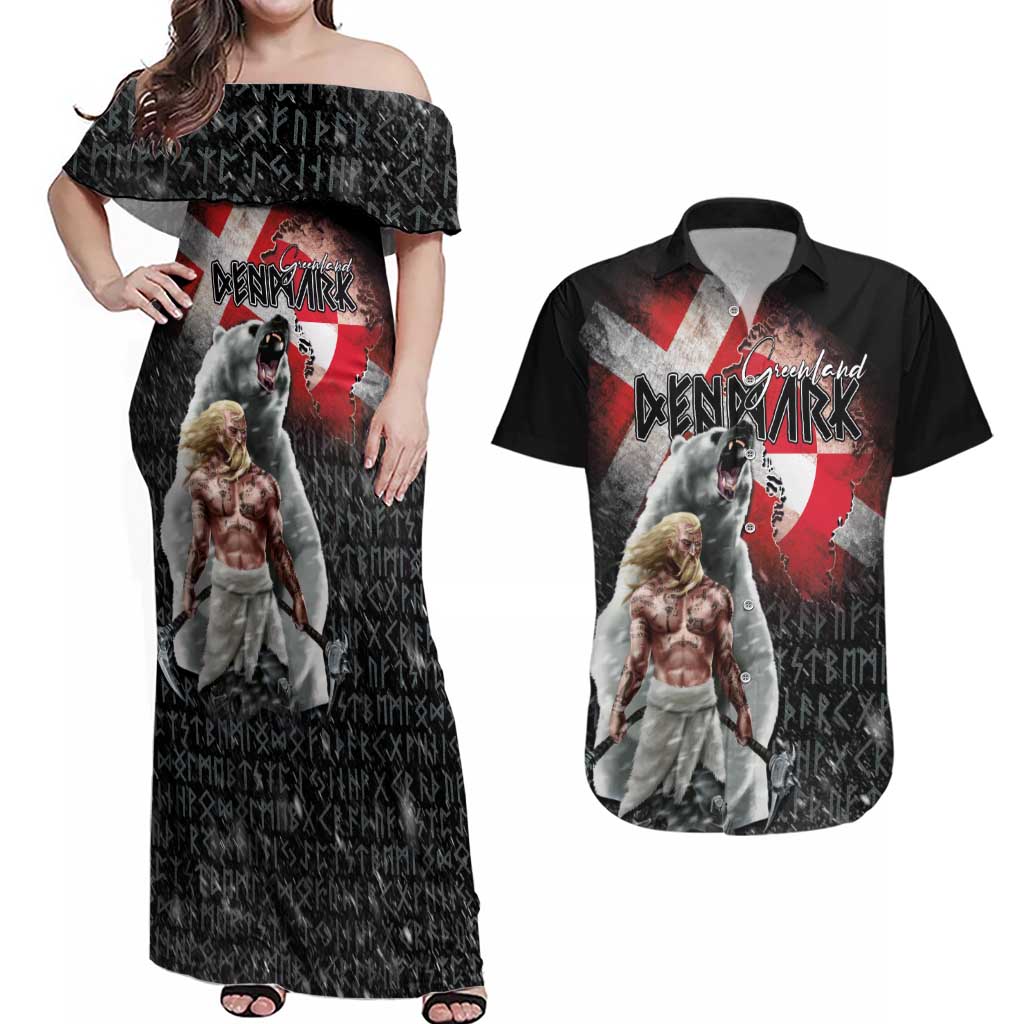 Greenlandic and Danish Together Couples Matching Off Shoulder Maxi Dress and Hawaiian Shirt Viking Warrior with Polar Bear Roar - Wonder Print Shop