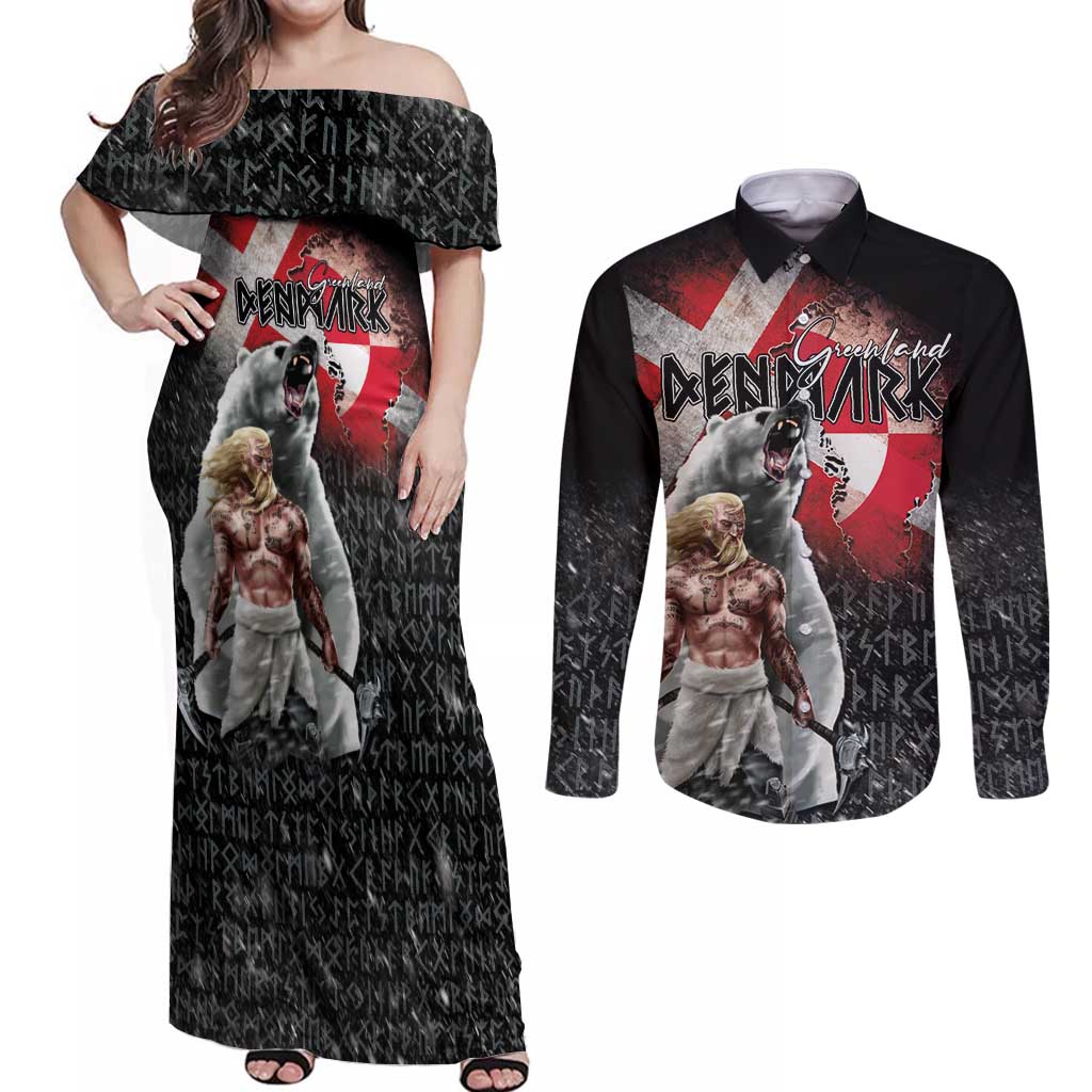 Greenlandic and Danish Together Couples Matching Off Shoulder Maxi Dress and Long Sleeve Button Shirt Viking Warrior with Polar Bear Roar - Wonder Print Shop