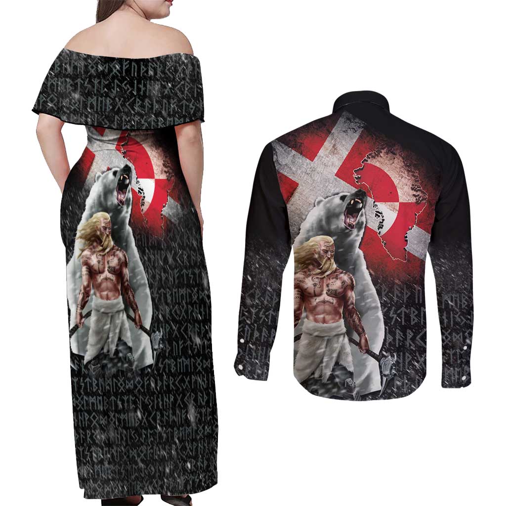 Greenlandic and Danish Together Couples Matching Off Shoulder Maxi Dress and Long Sleeve Button Shirt Viking Warrior with Polar Bear Roar - Wonder Print Shop