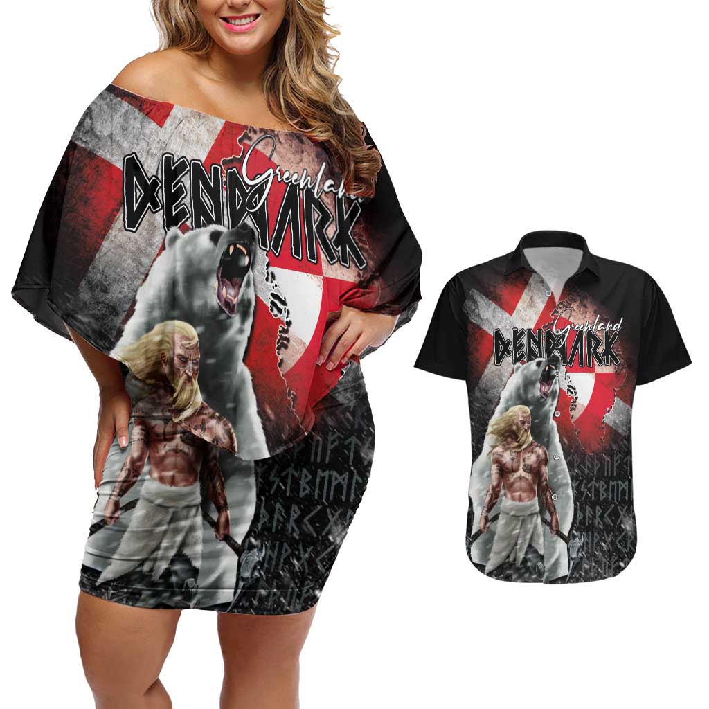 Greenlandic and Danish Together Couples Matching Off Shoulder Short Dress and Hawaiian Shirt Viking Warrior with Polar Bear Roar - Wonder Print Shop