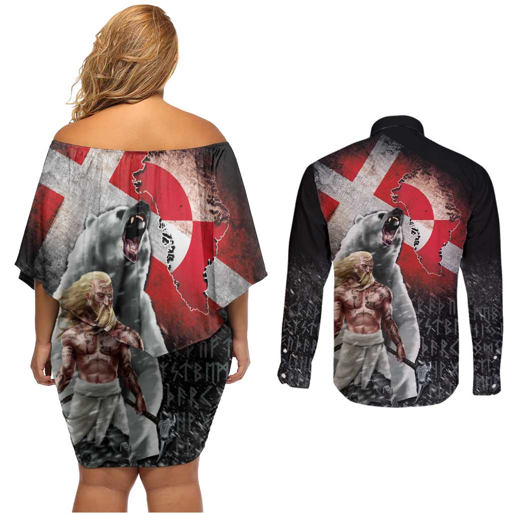 Greenlandic and Danish Together Couples Matching Off Shoulder Short Dress and Long Sleeve Button Shirt Viking Warrior with Polar Bear Roar - Wonder Print Shop