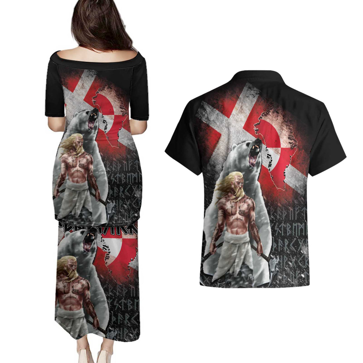 Greenlandic and Danish Together Couples Matching Puletasi and Hawaiian Shirt Viking Warrior with Polar Bear Roar - Wonder Print Shop
