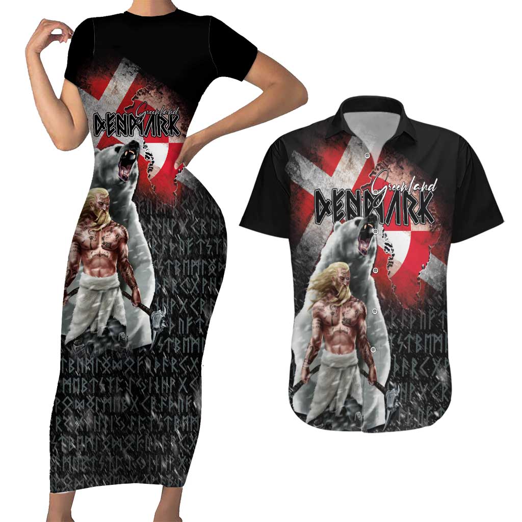 Greenlandic and Danish Together Couples Matching Short Sleeve Bodycon Dress and Hawaiian Shirt Viking Warrior with Polar Bear Roar - Wonder Print Shop