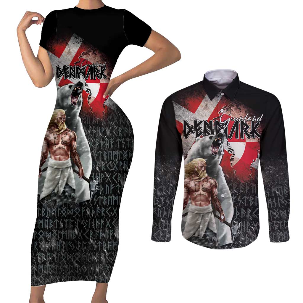 Greenlandic and Danish Together Couples Matching Short Sleeve Bodycon Dress and Long Sleeve Button Shirt Viking Warrior with Polar Bear Roar - Wonder Print Shop