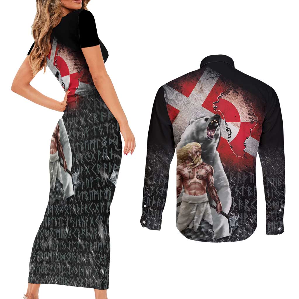 Greenlandic and Danish Together Couples Matching Short Sleeve Bodycon Dress and Long Sleeve Button Shirt Viking Warrior with Polar Bear Roar - Wonder Print Shop