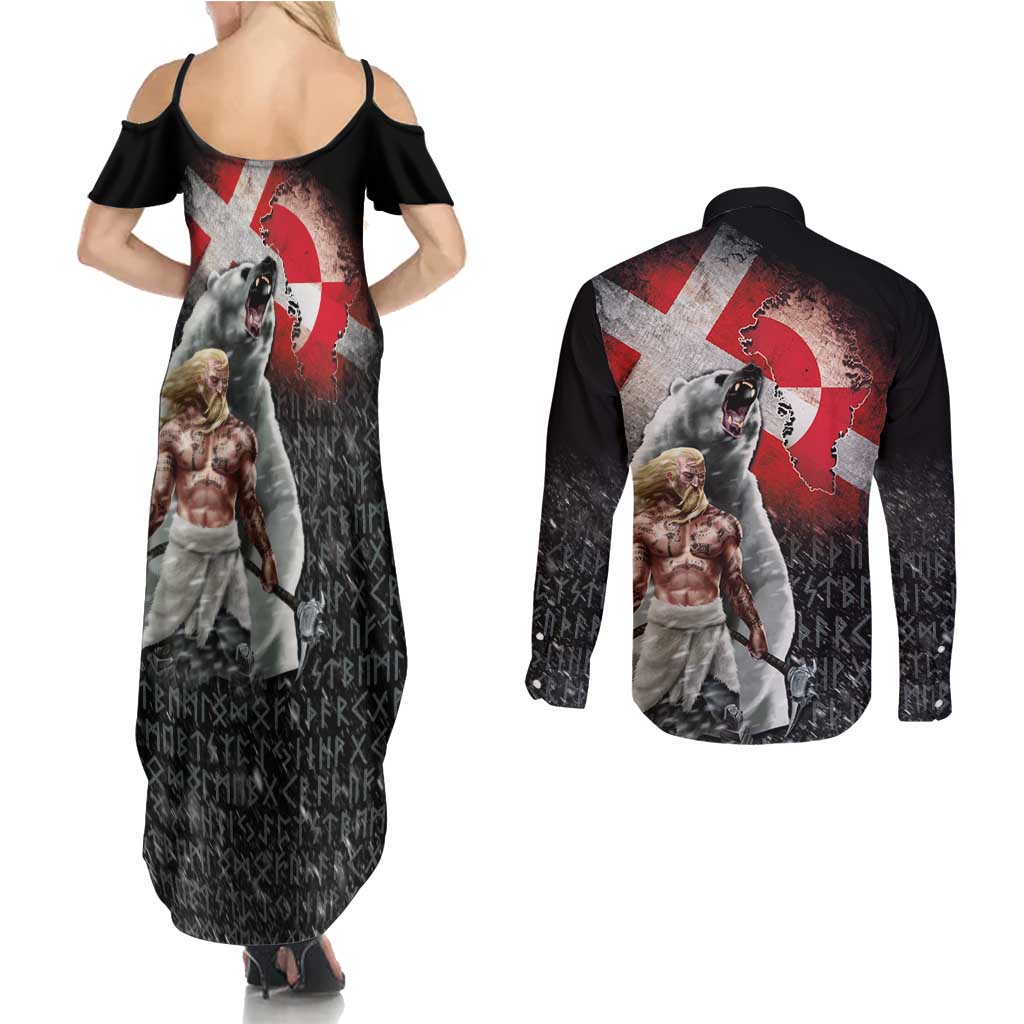 Greenlandic and Danish Together Couples Matching Summer Maxi Dress and Long Sleeve Button Shirt Viking Warrior with Polar Bear Roar - Wonder Print Shop