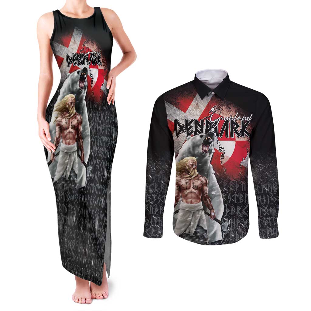 Greenlandic and Danish Together Couples Matching Tank Maxi Dress and Long Sleeve Button Shirt Viking Warrior with Polar Bear Roar - Wonder Print Shop