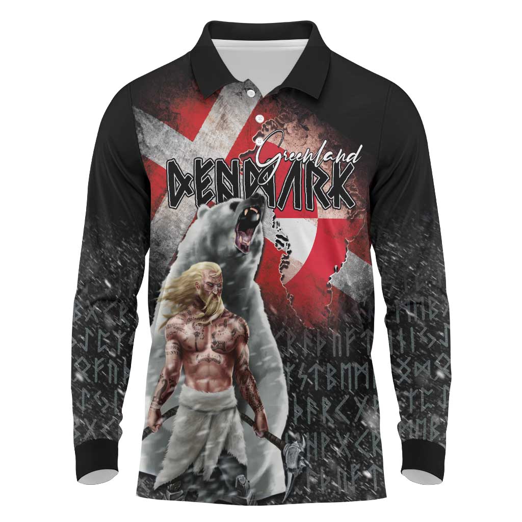 Greenlandic and Danish Together Long Sleeve Polo Shirt Viking Warrior with Polar Bear Roar - Wonder Print Shop