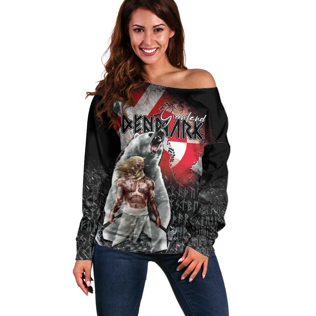 Greenlandic and Danish Together Off Shoulder Sweater Viking Warrior with Polar Bear Roar - Wonder Print Shop