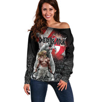 Greenlandic and Danish Together Off Shoulder Sweater Viking Warrior with Polar Bear Roar - Wonder Print Shop
