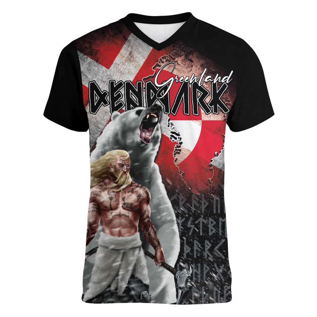 Greenlandic and Danish Together Women V-Neck T-Shirt Viking Warrior with Polar Bear Roar - Wonder Print Shop