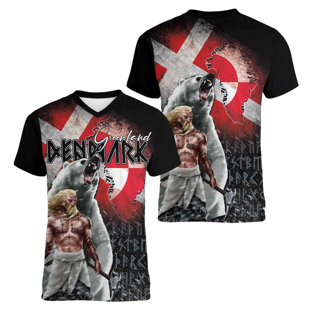 Greenlandic and Danish Together Women V-Neck T-Shirt Viking Warrior with Polar Bear Roar - Wonder Print Shop