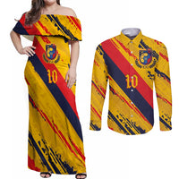Custom Ecuador Football Couples Matching Off Shoulder Maxi Dress and Long Sleeve Button Shirt La Tricolor-100th Anniversary - Wonder Print Shop