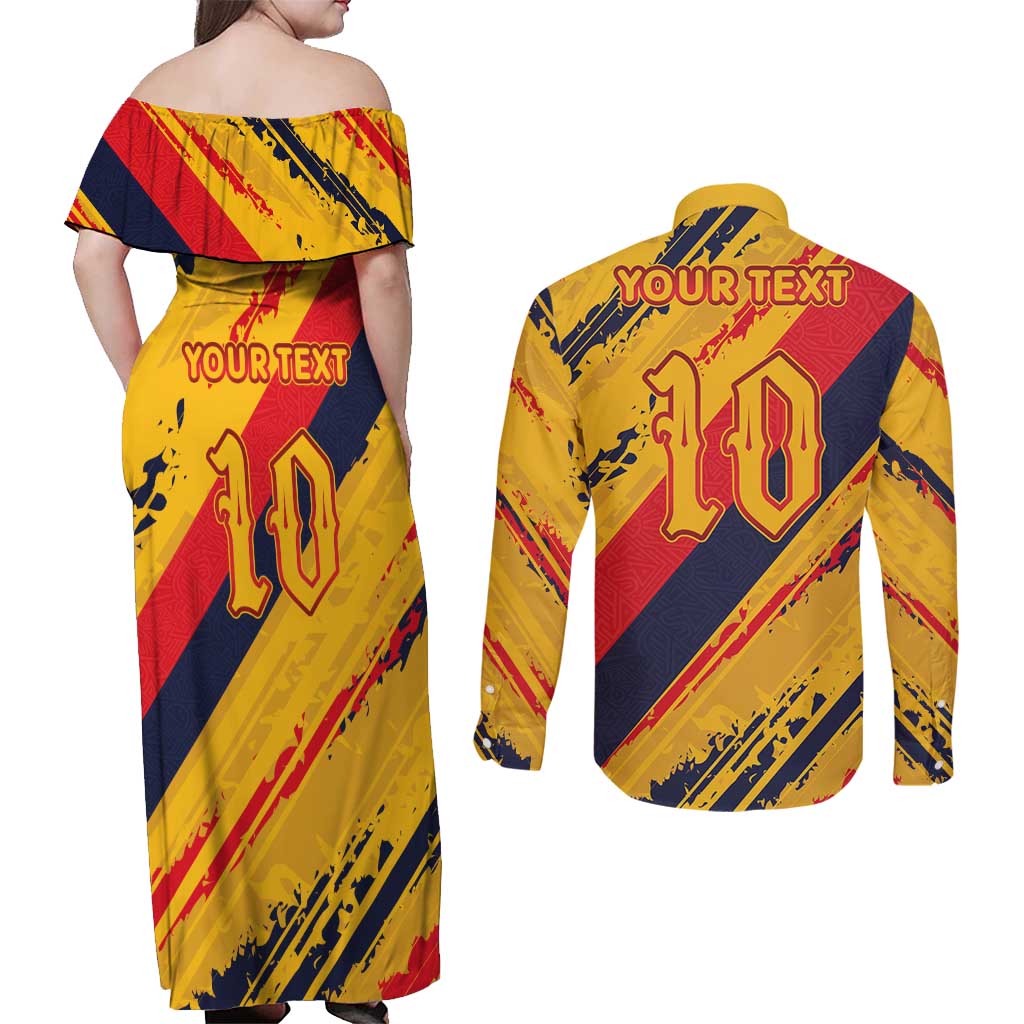 Custom Ecuador Football Couples Matching Off Shoulder Maxi Dress and Long Sleeve Button Shirt La Tricolor-100th Anniversary - Wonder Print Shop