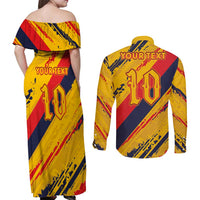 Custom Ecuador Football Couples Matching Off Shoulder Maxi Dress and Long Sleeve Button Shirt La Tricolor-100th Anniversary - Wonder Print Shop