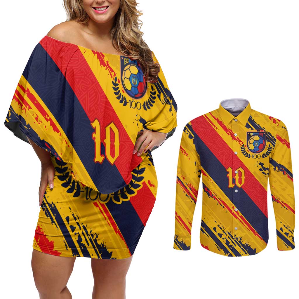 Custom Ecuador Football Couples Matching Off Shoulder Short Dress and Long Sleeve Button Shirt La Tricolor-100th Anniversary - Wonder Print Shop